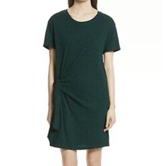 VINCE Classic Stripe Side Tie Dress Green Blue A Line Short Sleeve Sz L - Picture 1 of 12